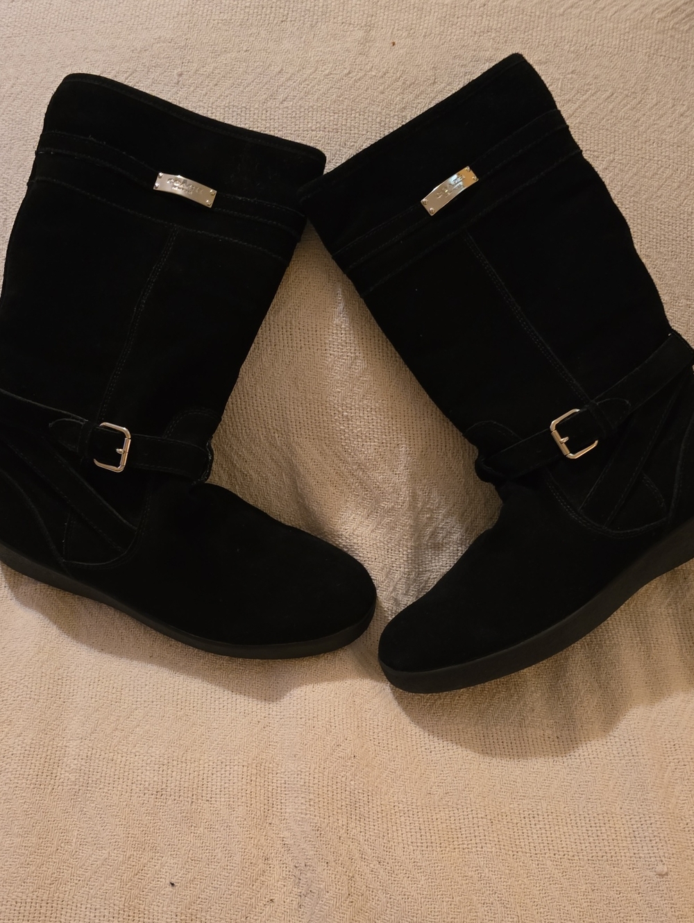 Coach Tallulah Black Suede Mid-Calf Buckle Boots 8
